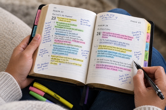 Hands writing notes in a highlighted Bible open to Psalms 23 and 24